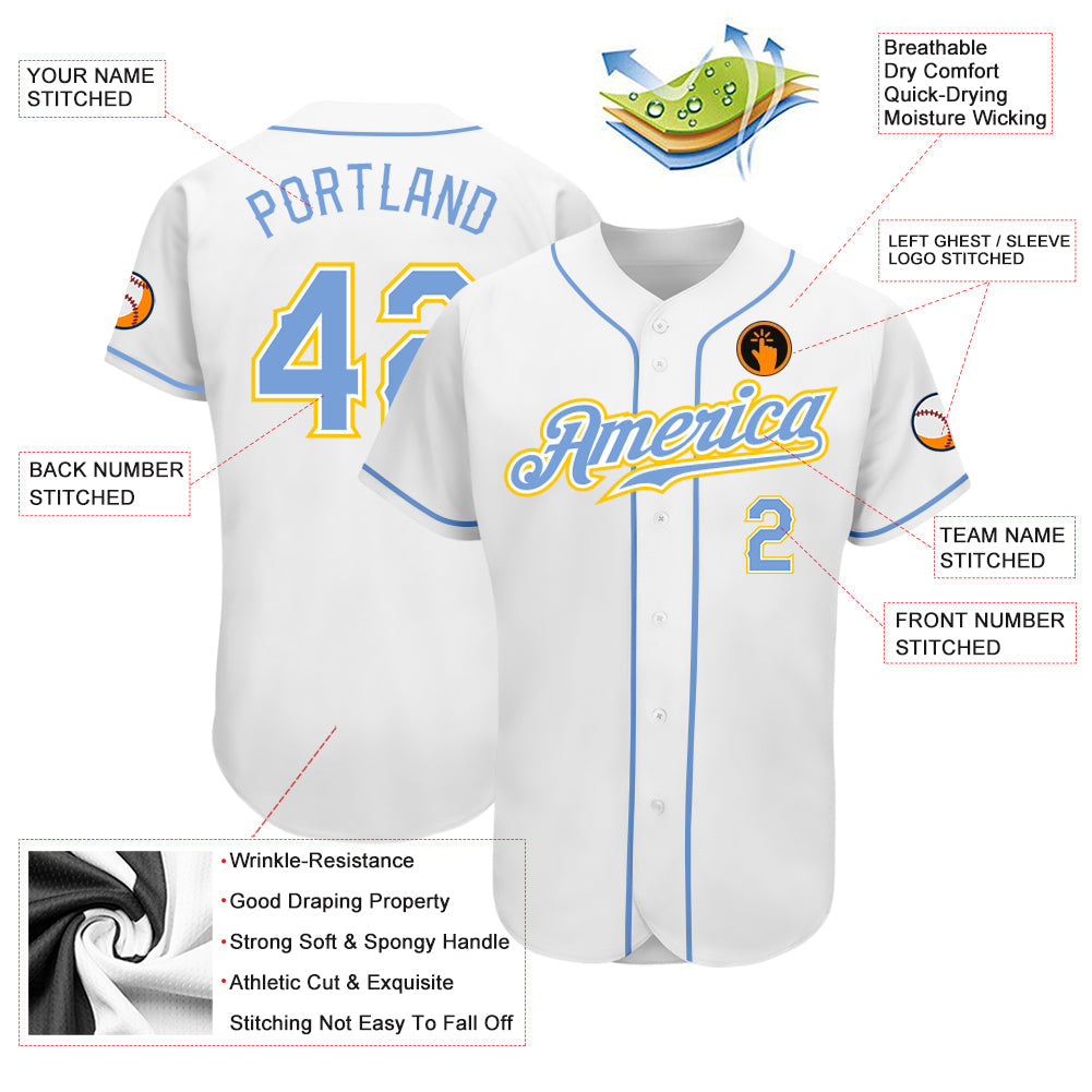 Custom White Light Blue-Gold Authentic Baseball Jersey - Sky-Custom