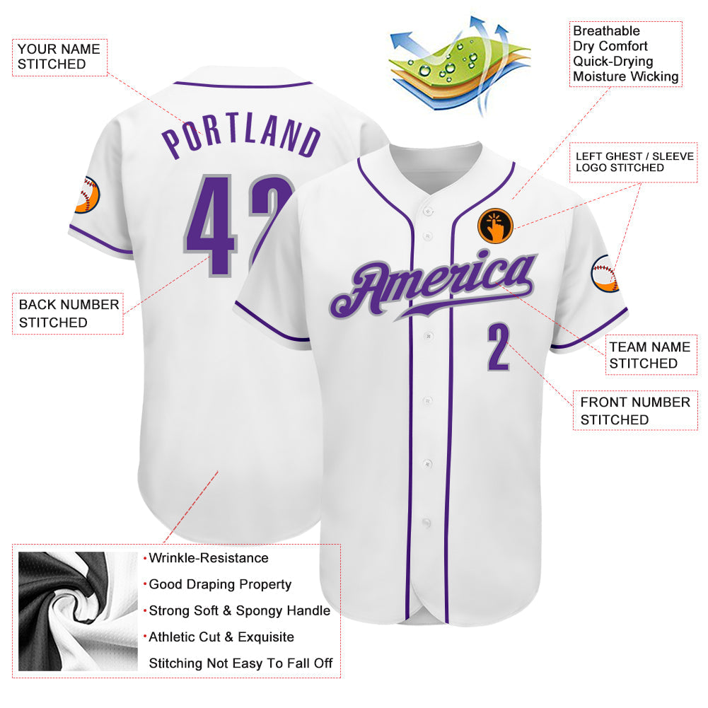 Custom White Purple-Gray Authentic Baseball Jersey - Sky-Custom