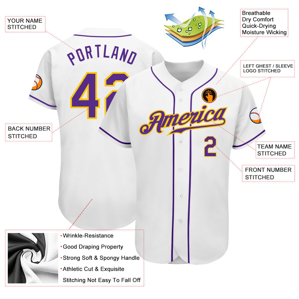 Custom White Purple-Gold Authentic Baseball Jersey - Sky-Custom