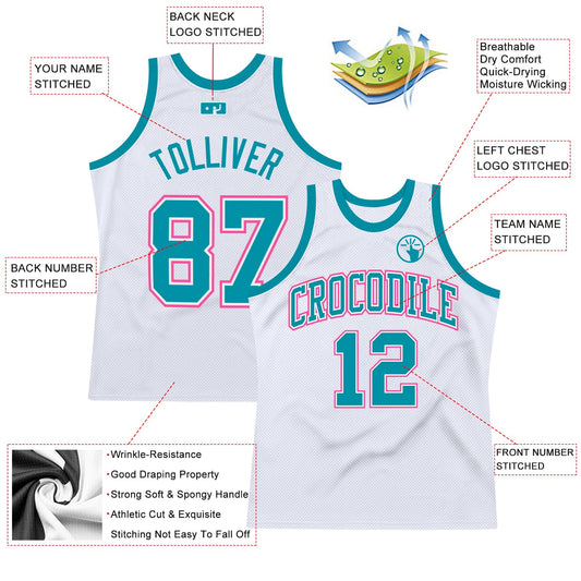 Custom White Teal-Pink Authentic Throwback Basketball Jersey - Sky-Custom