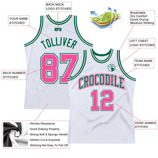Custom White Pink-Kelly Green Authentic Throwback Basketball Jersey - Sky-Custom