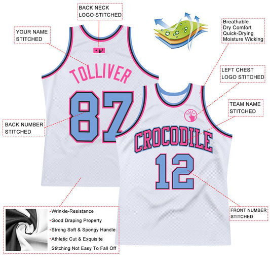Custom White Light Blue-Pink Authentic Throwback Basketball Jersey - Sky-Custom