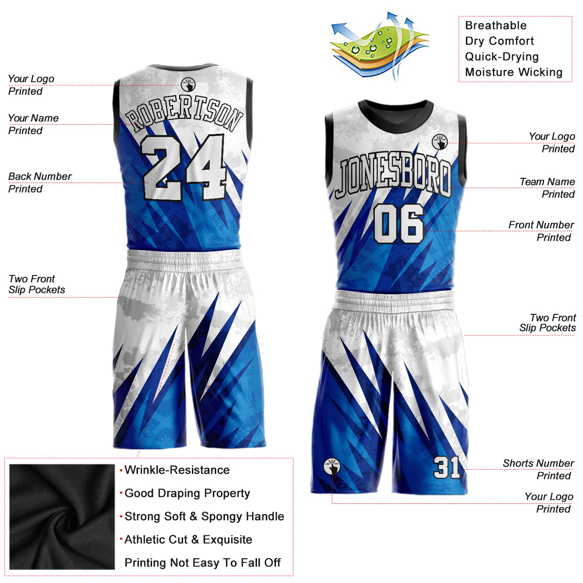 Custom White White-Royal Round Neck Sublimation Basketball Suit Jersey - Sky-Custom
