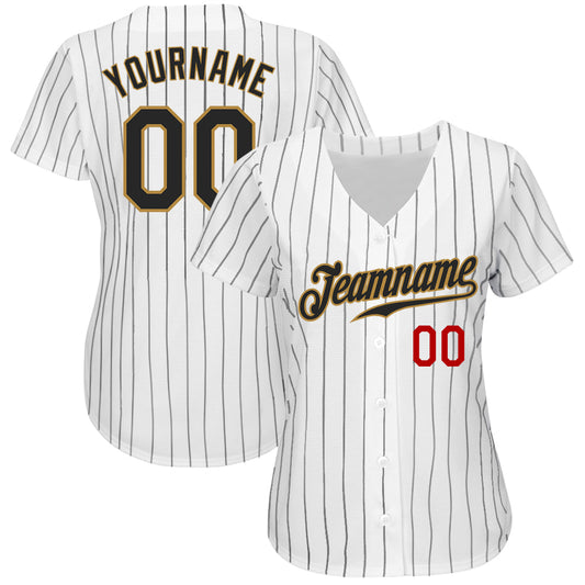 Custom White Black Pinstripe Black Old Gold-Red Authentic Baseball Jersey - Sky-Custom