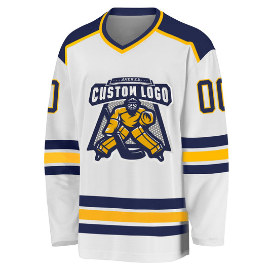 Custom White Navy-Gold Hockey Jersey - Sky-Custom