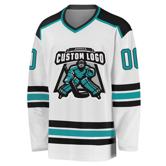Custom White Aqua-Black Hockey Jersey - Sky-Custom