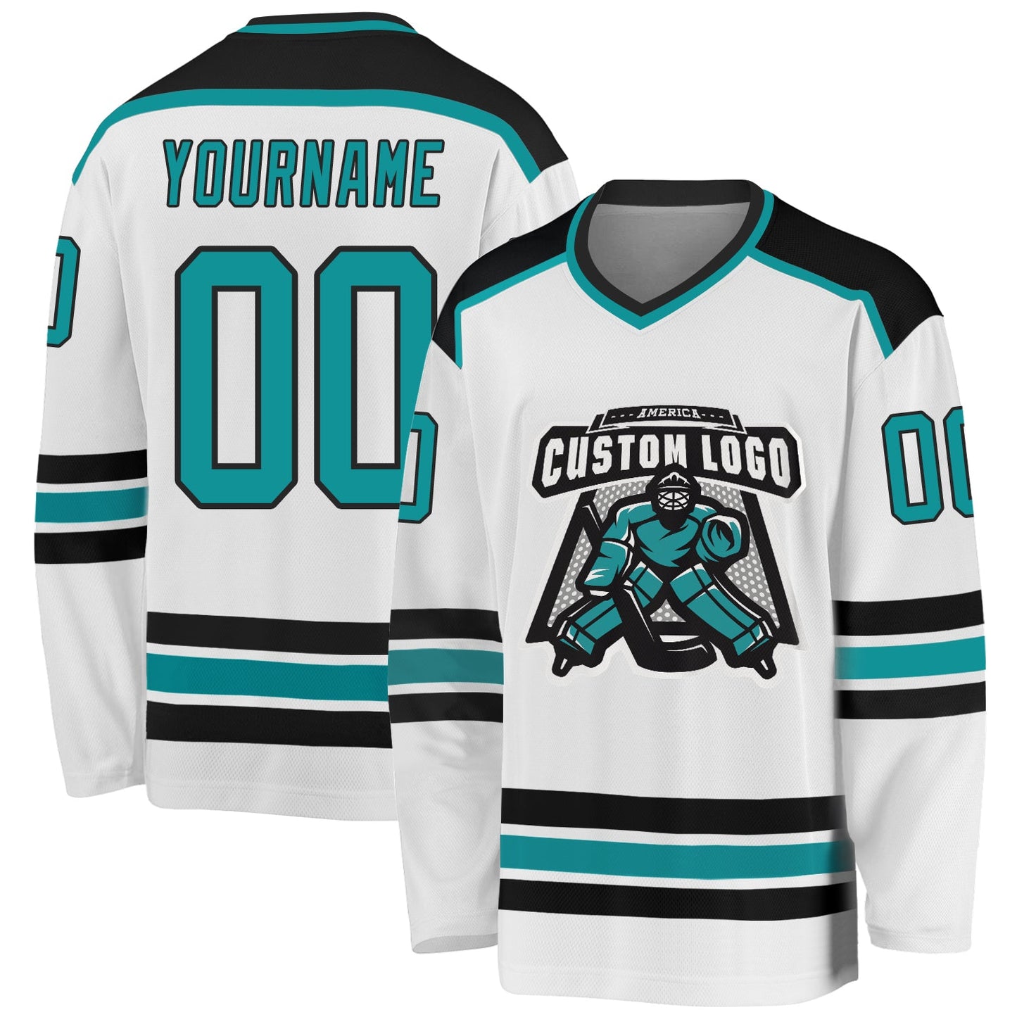 Custom White Aqua-Black Hockey Jersey - Sky-Custom
