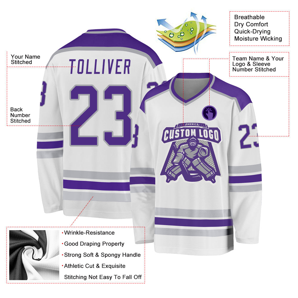Custom White Purple-Gray Hockey Jersey - Sky-Custom
