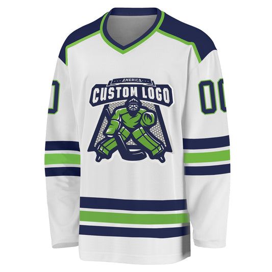 Custom White Navy-Neon Green Hockey Jersey - Sky-Custom