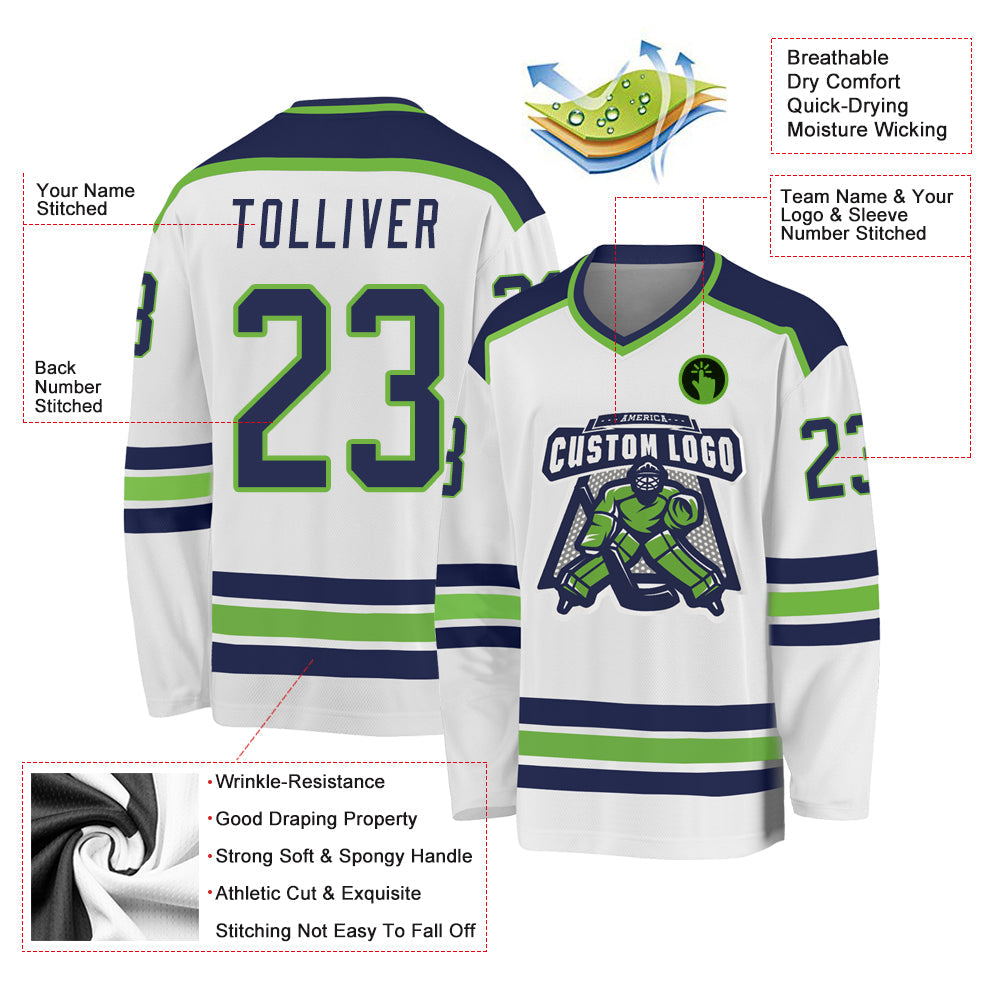 Custom White Navy-Neon Green Hockey Jersey - Sky-Custom