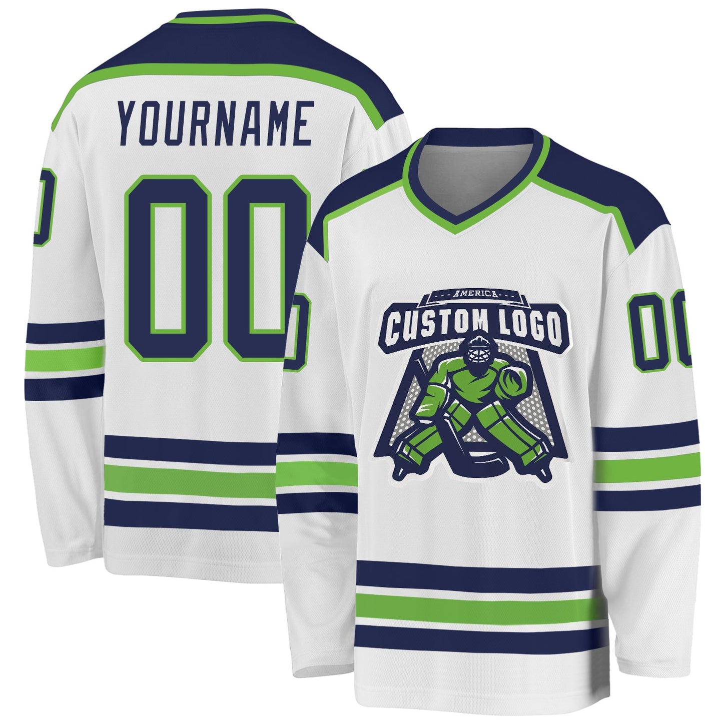 Custom White Navy-Neon Green Hockey Jersey - Sky-Custom
