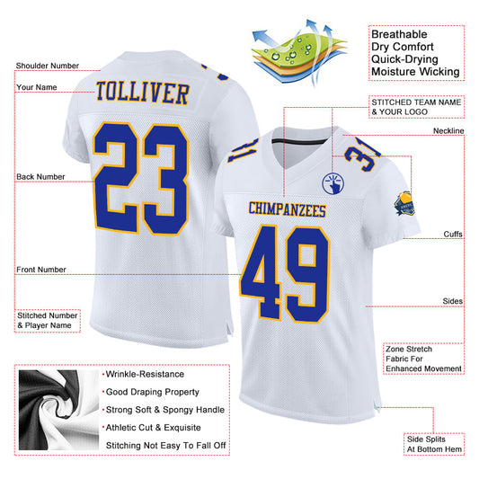 Custom White Royal-Gold Mesh Authentic Football Jersey - Sky-Custom