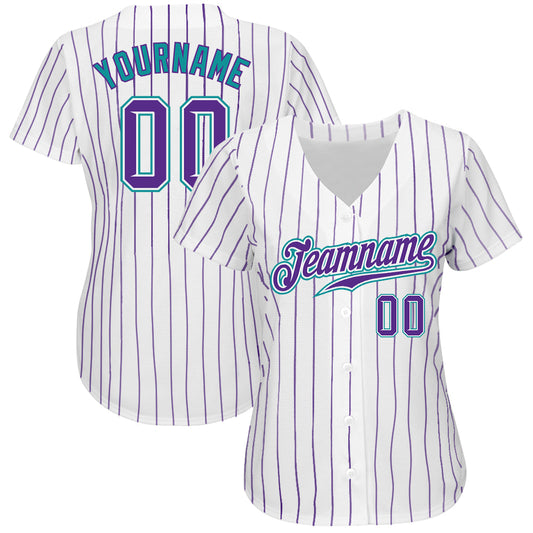 Custom White Purple Pinstripe Purple-Teal Authentic Baseball Jersey - Sky-Custom