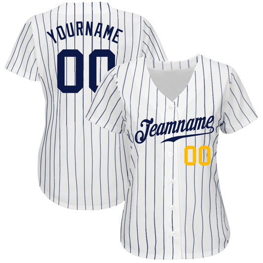 Custom White Navy Pinstripe Navy-Gold Authentic Baseball Jersey - Sky-Custom