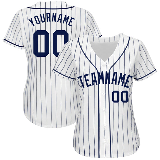 Custom White Navy Pinstripe Navy Authentic Baseball Jersey - Sky-Custom