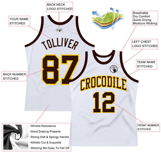 Custom White Brown-Gold Authentic Throwback Basketball Jersey - Sky-Custom