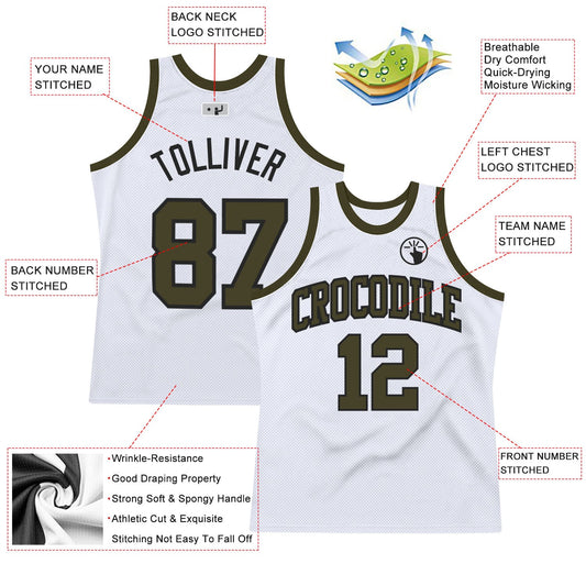 Custom White Olive-Black Authentic Throwback Basketball Jersey - Sky-Custom
