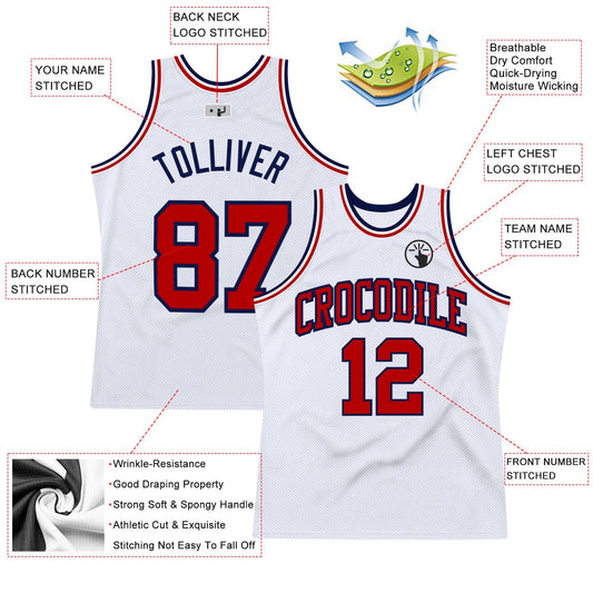Custom White Red-Navy Authentic Throwback Basketball Jersey - Sky-Custom