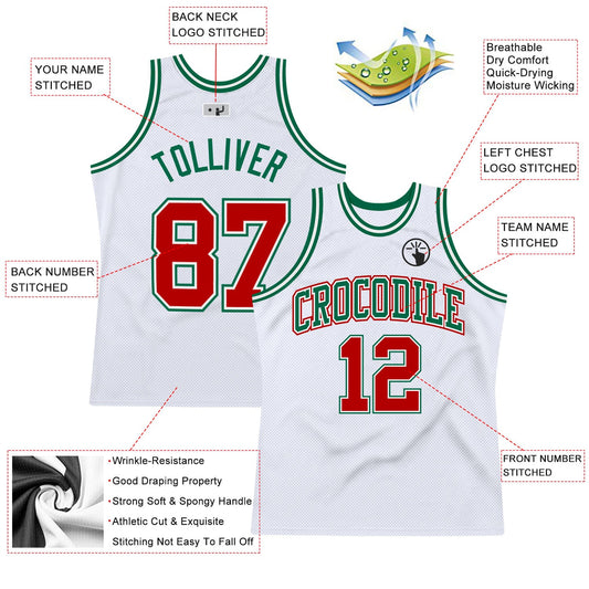 Custom White Red-Kelly Green Authentic Throwback Basketball Jersey - Sky-Custom