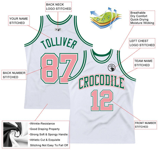 Custom White Medium Pink-Kelly Green Authentic Throwback Basketball Jersey - Sky-Custom