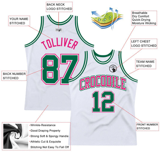 Custom White Kelly Green-Hot Pink Authentic Throwback Basketball Jersey - Sky-Custom