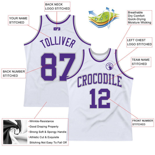 Custom White Purple-Gray Authentic Throwback Basketball Jersey - Sky-Custom