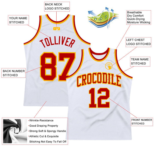 Custom White Red-Gold Authentic Throwback Basketball Jersey - Sky-Custom
