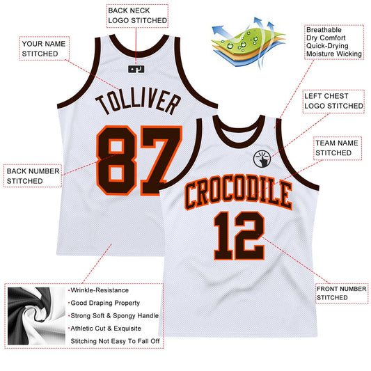Custom White Brown-Orange Authentic Throwback Basketball Jersey - Sky-Custom