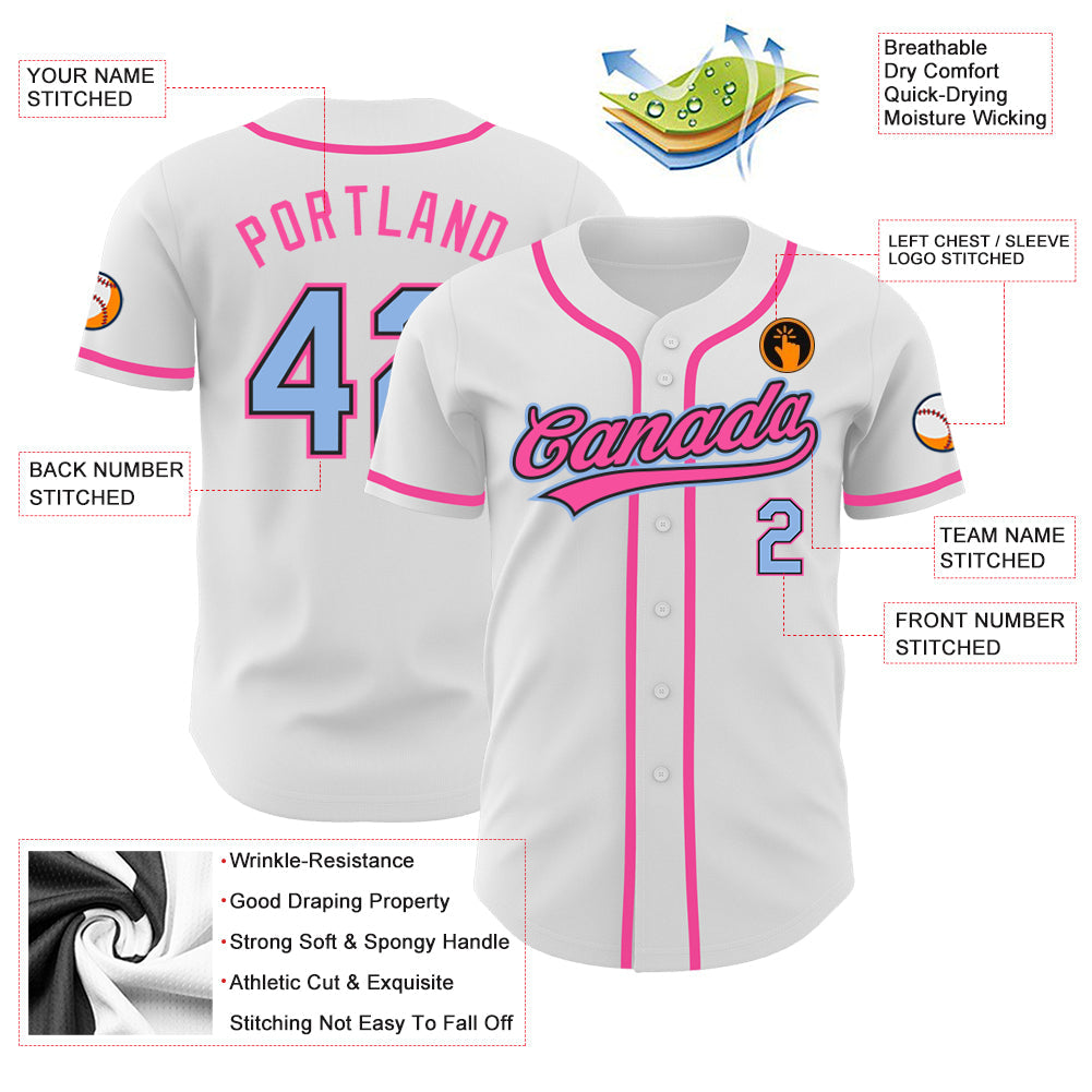 Custom White Light Blue Black-Pink Authentic Baseball Jersey - Sky-Custom