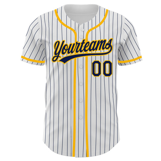 Custom White Navy Pinstripe Navy-Gold Authentic Baseball Jersey - Sky-Custom