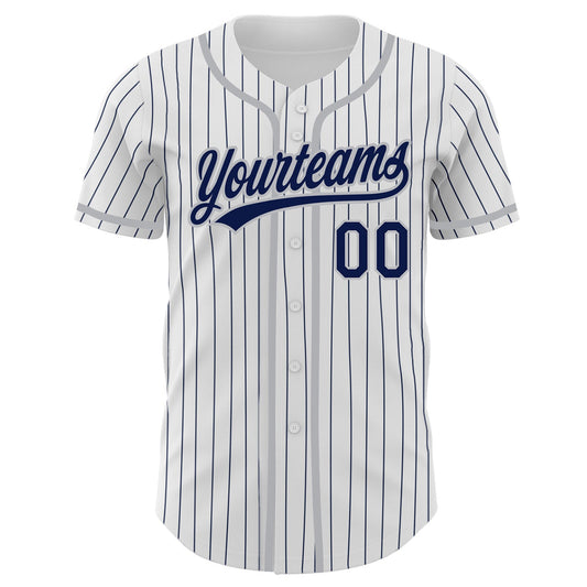 Custom White Navy Pinstripe Navy-Gray Authentic Baseball Jersey - Sky-Custom