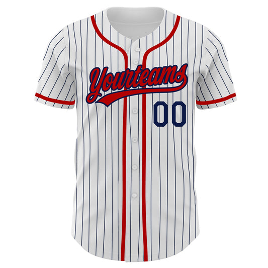 Custom White Navy Pinstripe Red Authentic Baseball Jersey - Sky-Custom
