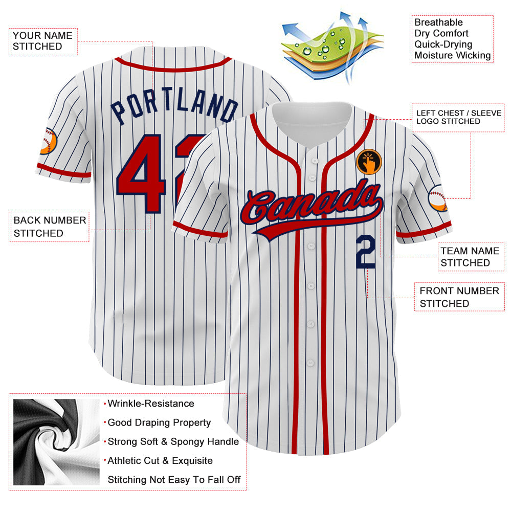 Custom White Navy Pinstripe Red Authentic Baseball Jersey - Sky-Custom