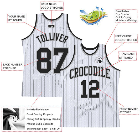 Custom White Black Pinstripe Black-Gray Authentic Basketball Jersey - Sky-Custom