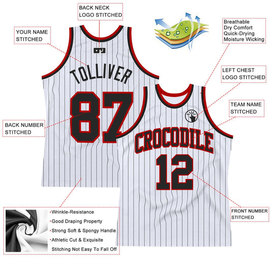 Custom White Black Pinstripe Black-Red Authentic Basketball Jersey - Sky-Custom