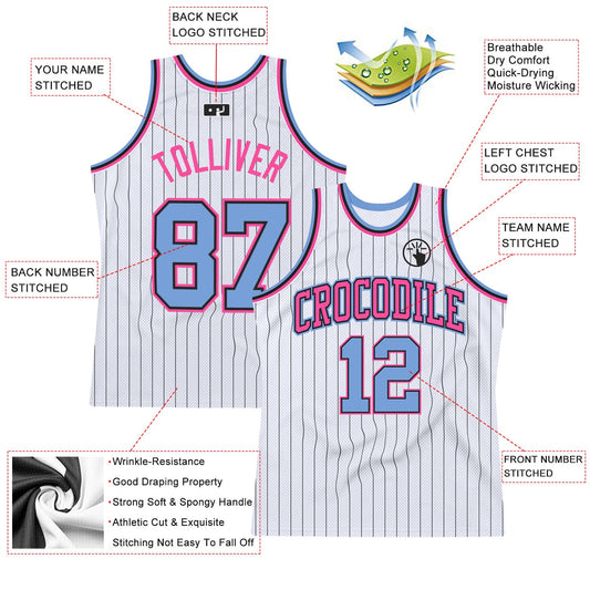 Custom White Black Pinstripe Light Blue-Pink Authentic Basketball Jersey - Sky-Custom