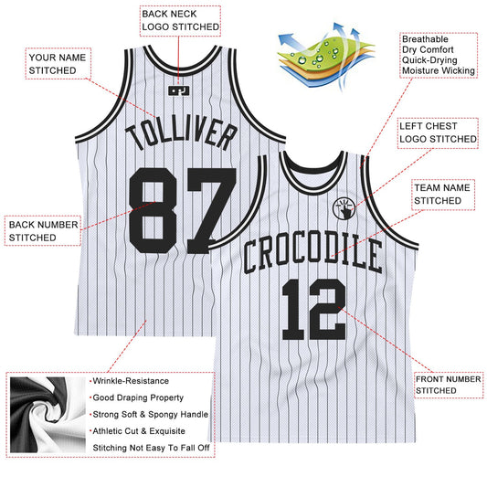 Custom White Black Pinstripe Black Authentic Basketball Jersey - Sky-Custom
