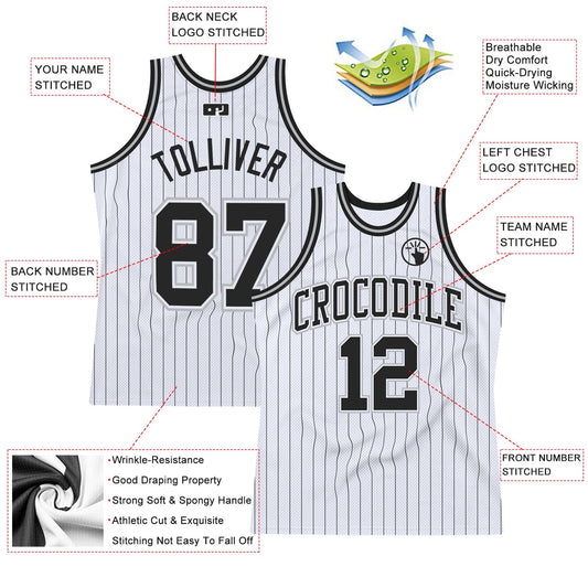 Custom White Black Pinstripe Black-Gray Authentic Basketball Jersey - Sky-Custom
