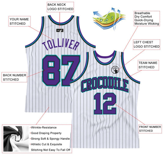 Custom White Black Pinstripe Purple-Teal Authentic Basketball Jersey - Sky-Custom