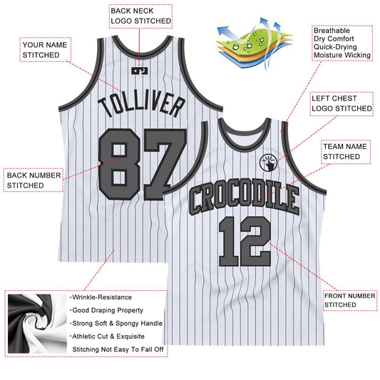 Custom White Black Pinstripe Steel Gray Authentic Basketball Jersey - Sky-Custom