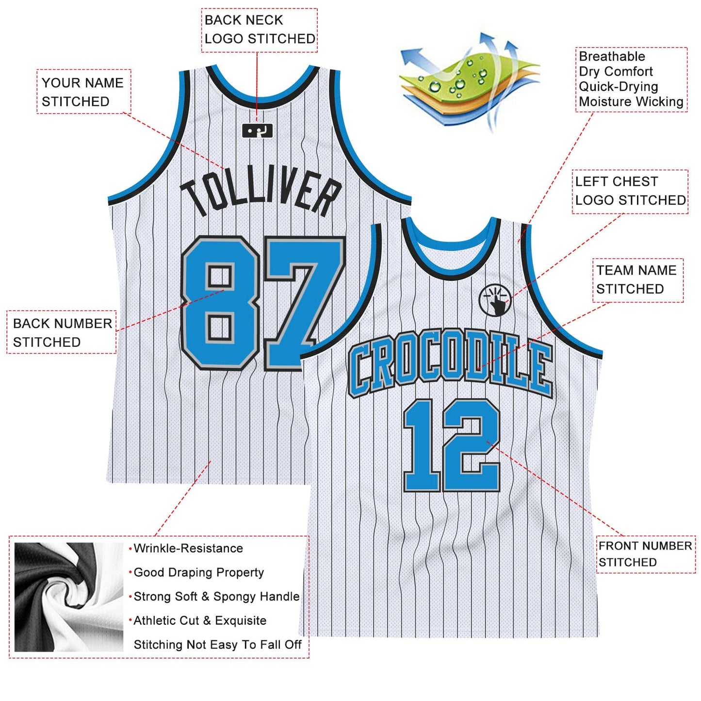 Custom White Black Pinstripe Blue-Gray Authentic Basketball Jersey - Sky-Custom