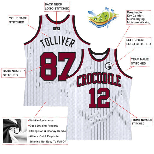 Custom White Black Pinstripe Maroon Authentic Basketball Jersey - Sky-Custom