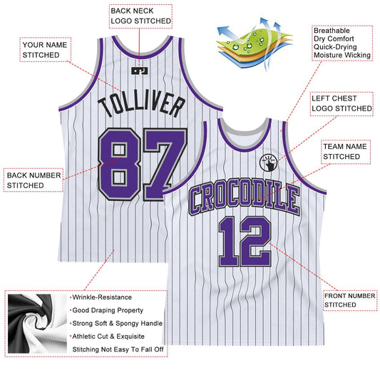 Custom White Black Pinstripe Purple-Gray Authentic Basketball Jersey - Sky-Custom