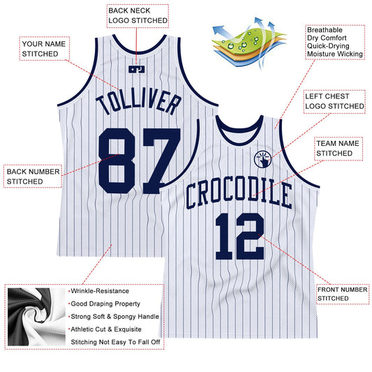 Custom White Navy Pinstripe Navy Authentic Basketball Jersey - Sky-Custom