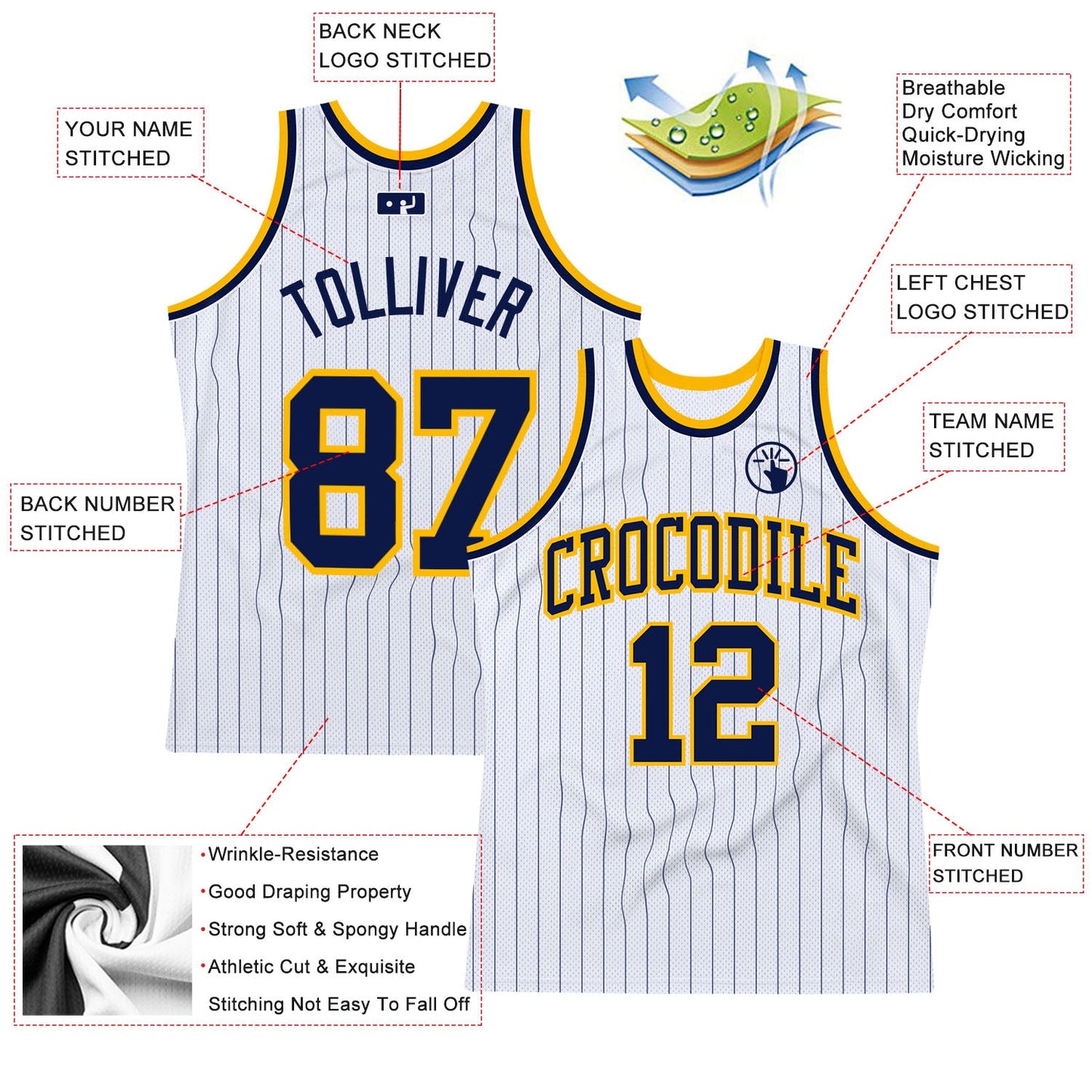 Custom White Navy Pinstripe Navy-Gold Authentic Basketball Jersey - Sky-Custom