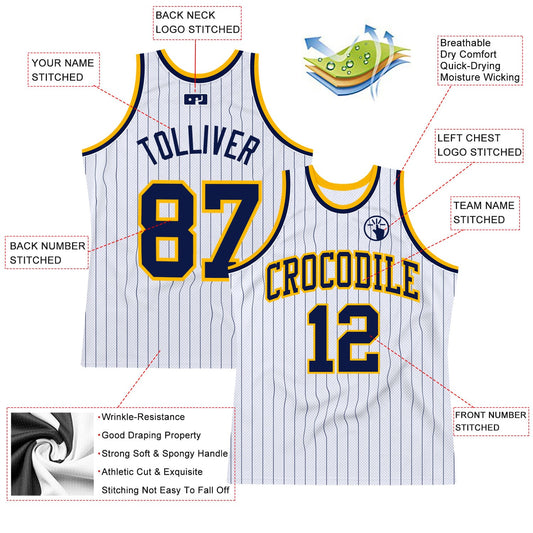 Custom White Navy Pinstripe Navy-Gold Authentic Basketball Jersey - Sky-Custom