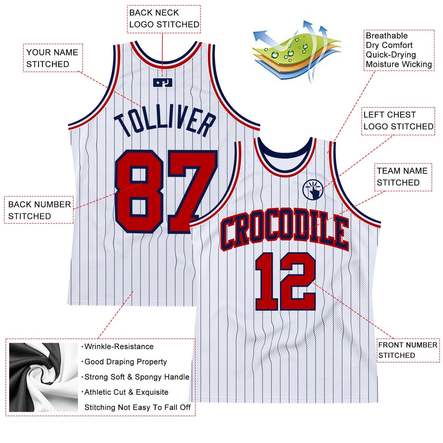 Custom White Navy Pinstripe Red Authentic Basketball Jersey - Sky-Custom