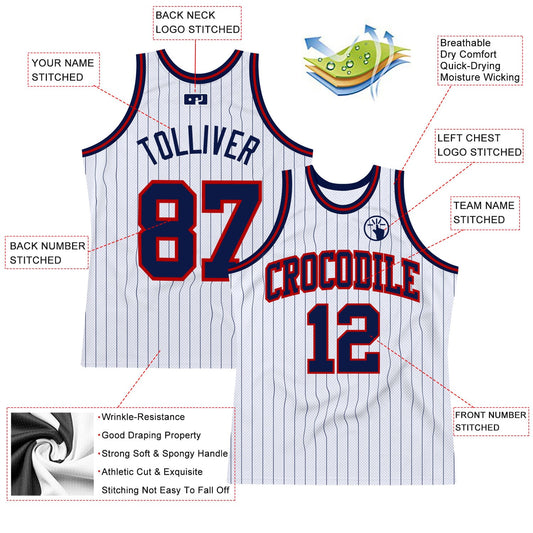 Custom White Navy Pinstripe Navy-Red Authentic Basketball Jersey - Sky-Custom