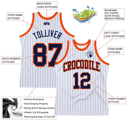 Custom White Navy Pinstripe Navy-Orange Authentic Basketball Jersey - Sky-Custom