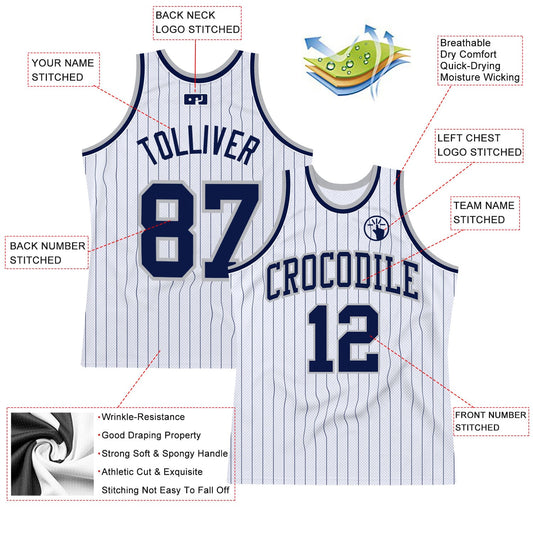 Custom White Navy Pinstripe Navy-Gray Authentic Basketball Jersey - Sky-Custom